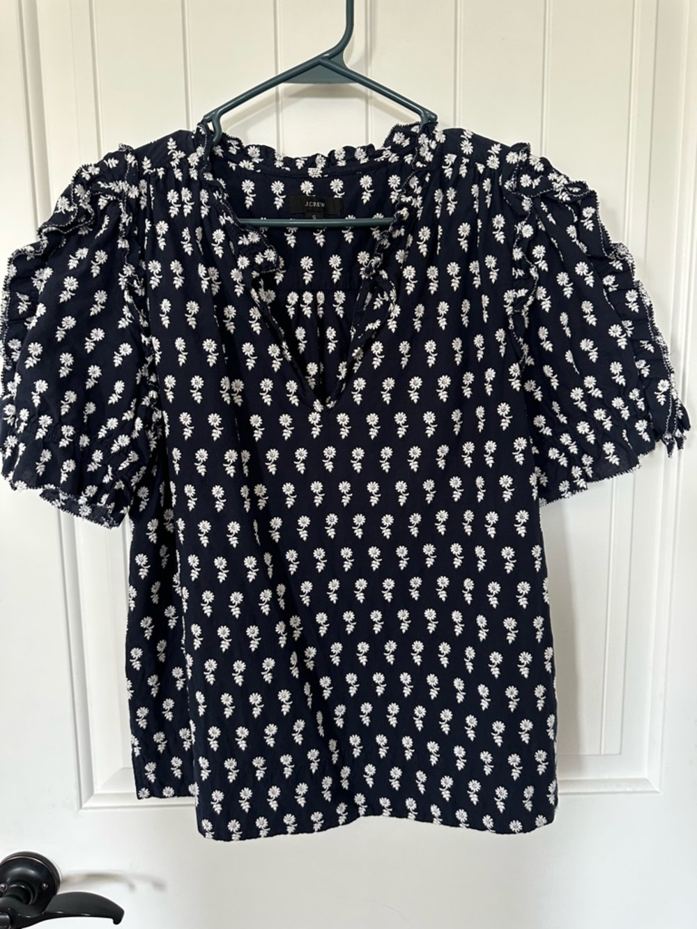 J. Crew Navy and White Floral Puff-Sleeve Blouse